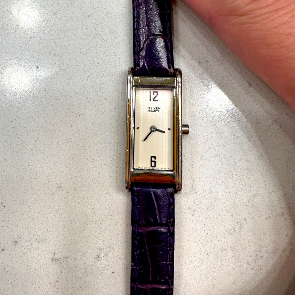 Citizen purple crocs leather strap silver trunk style mini